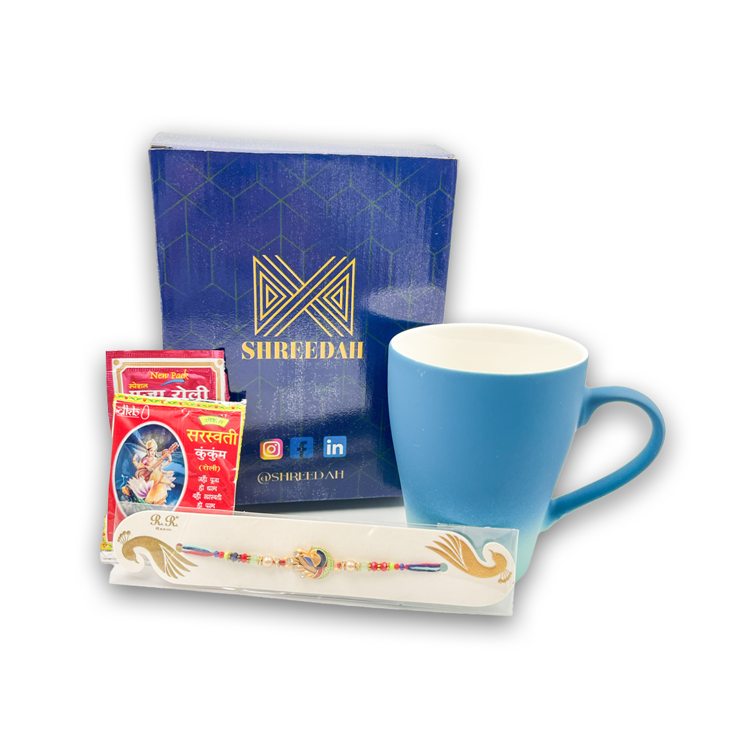 Shreedah Rakhi Combo Gift Hamper with Dual Tone Coffee Mug, Roli, Rice(Light Blue Tint of White)